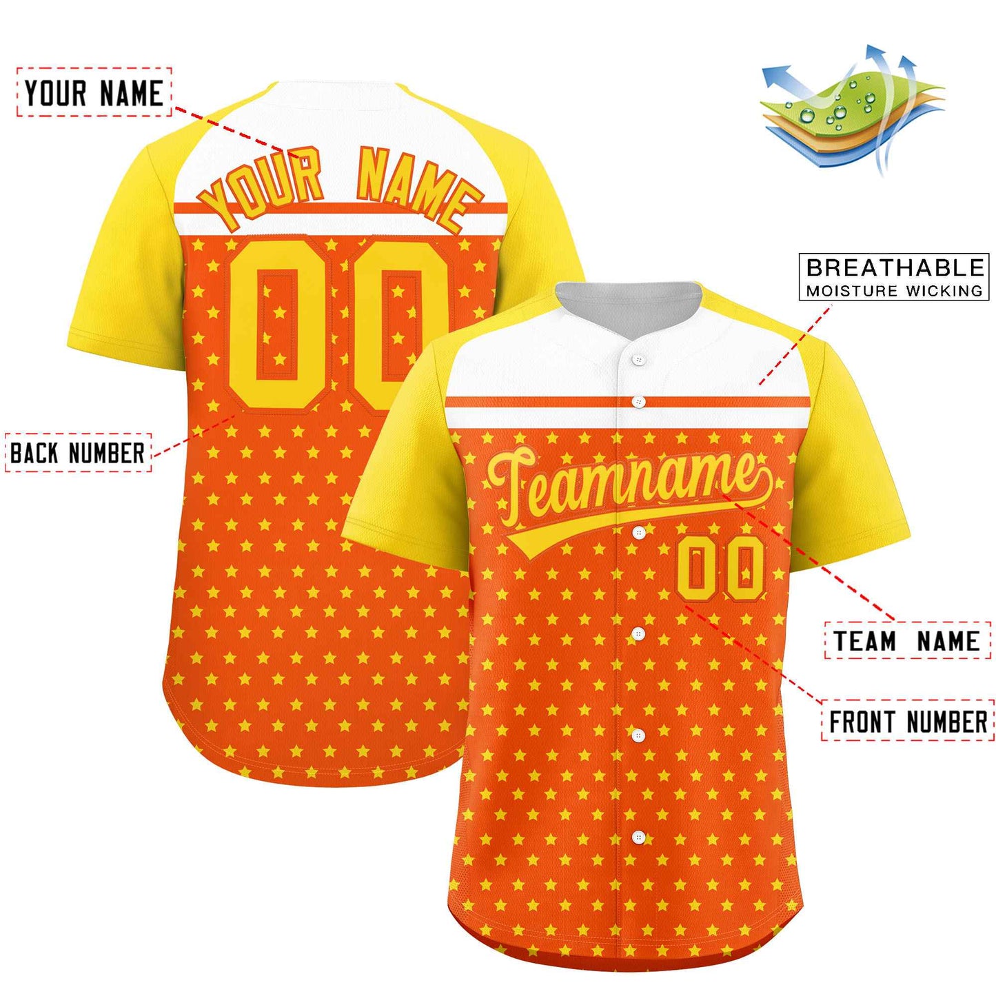 Custom Orange Gold-White Raglan Sleeve Personalized Star Print Authentic Baseball Jersey Limited