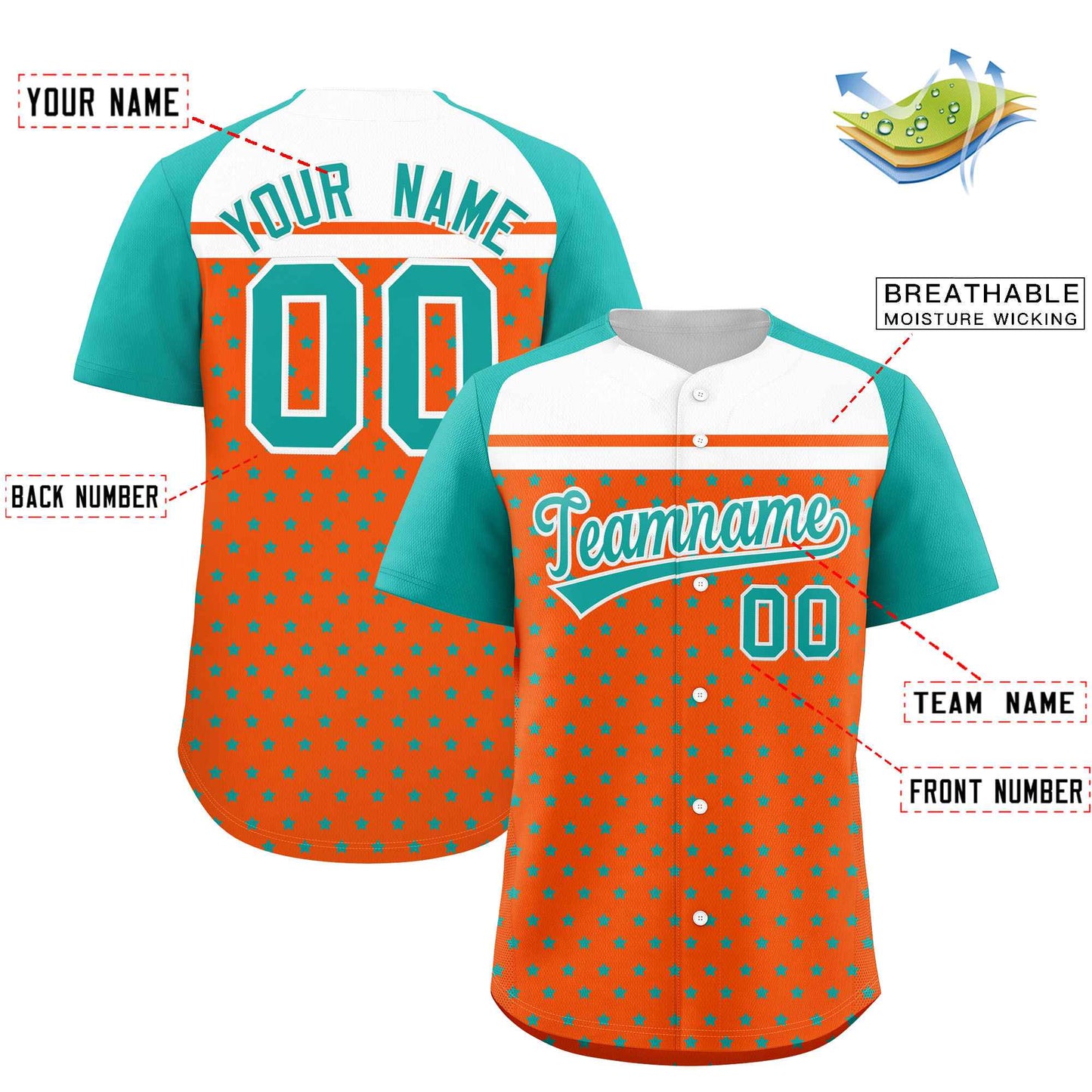 Custom Orange Aqua-White Raglan Sleeve Personalized Star Print Authentic Baseball Jersey Limited
