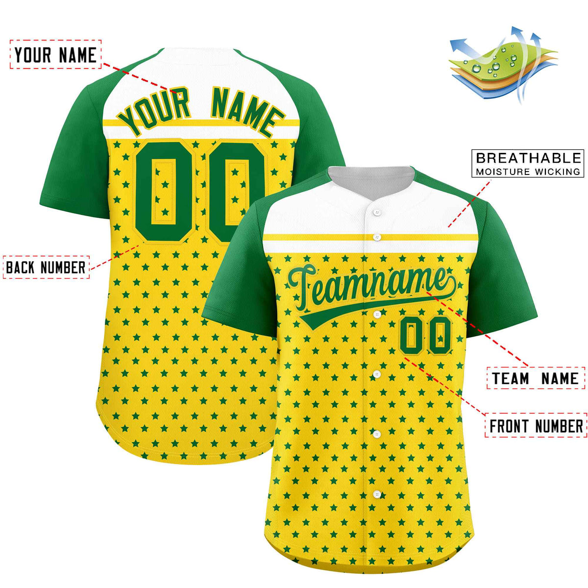 Custom Gold Kelly Green-White Raglan Sleeve Personalized Star Print Authentic Baseball Jersey Limited