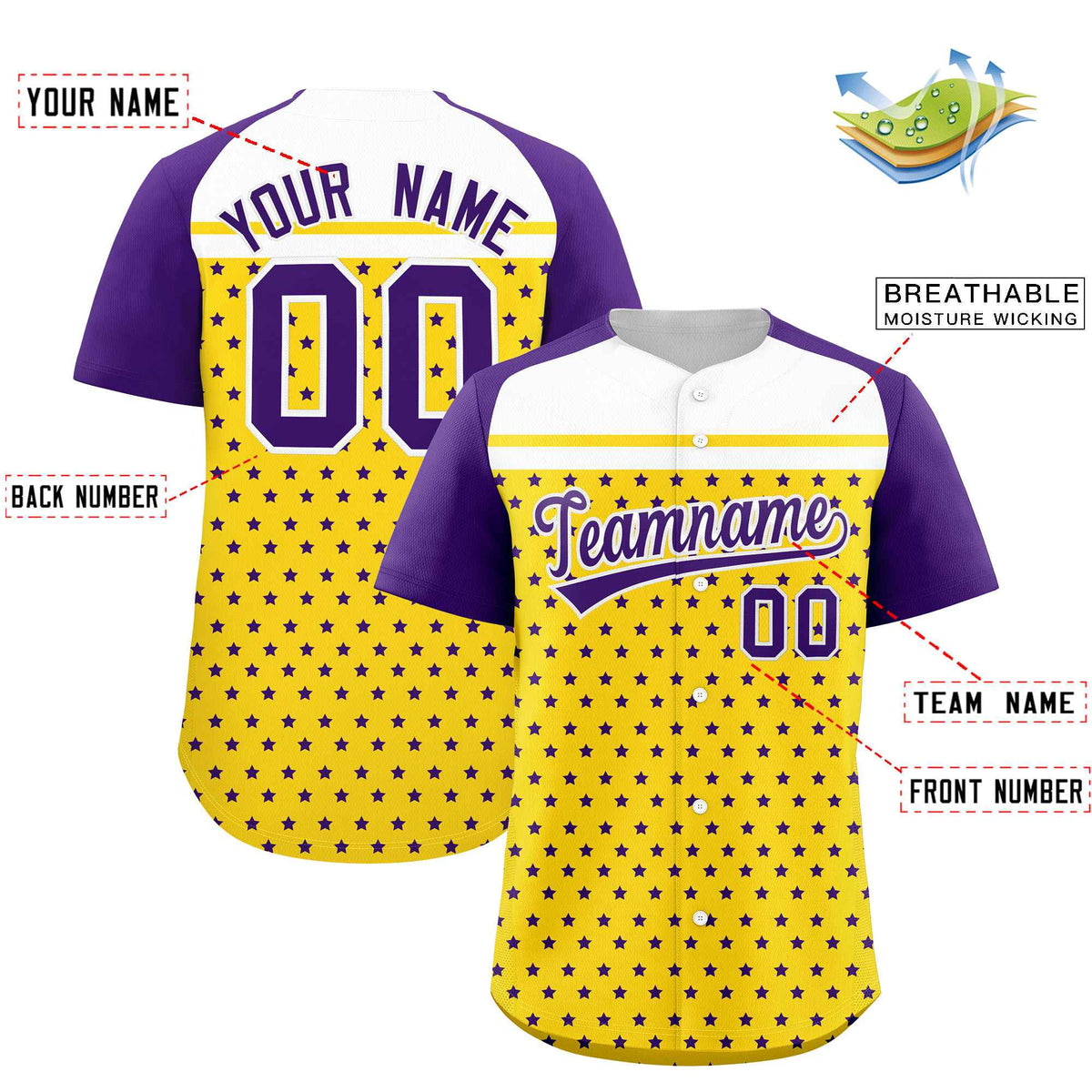 Custom Gold Purple-White Raglan Sleeve Personalized Star Print Authentic Baseball Jersey Limited