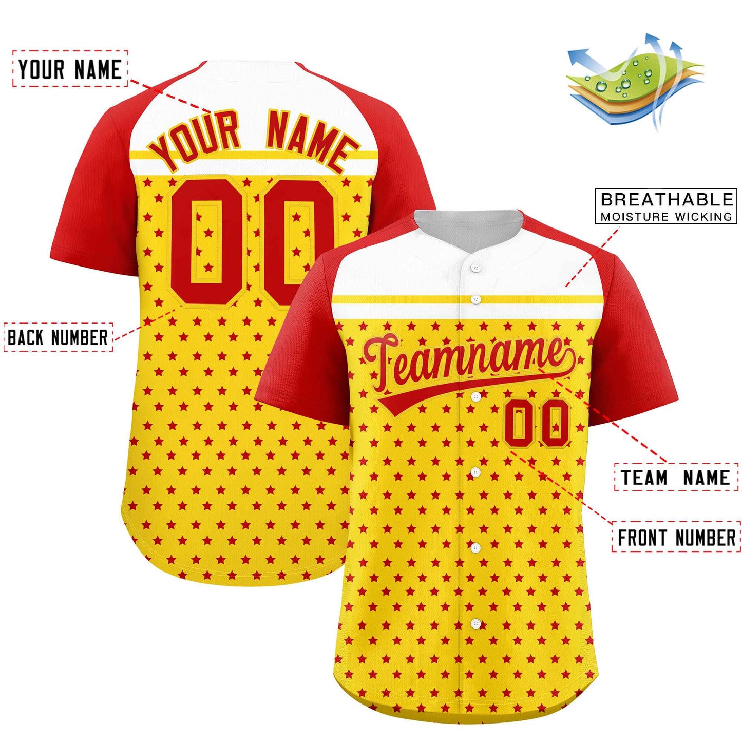 Custom Gold Red-White Raglan Sleeve Personalized Star Print Authentic Baseball Jersey Limited