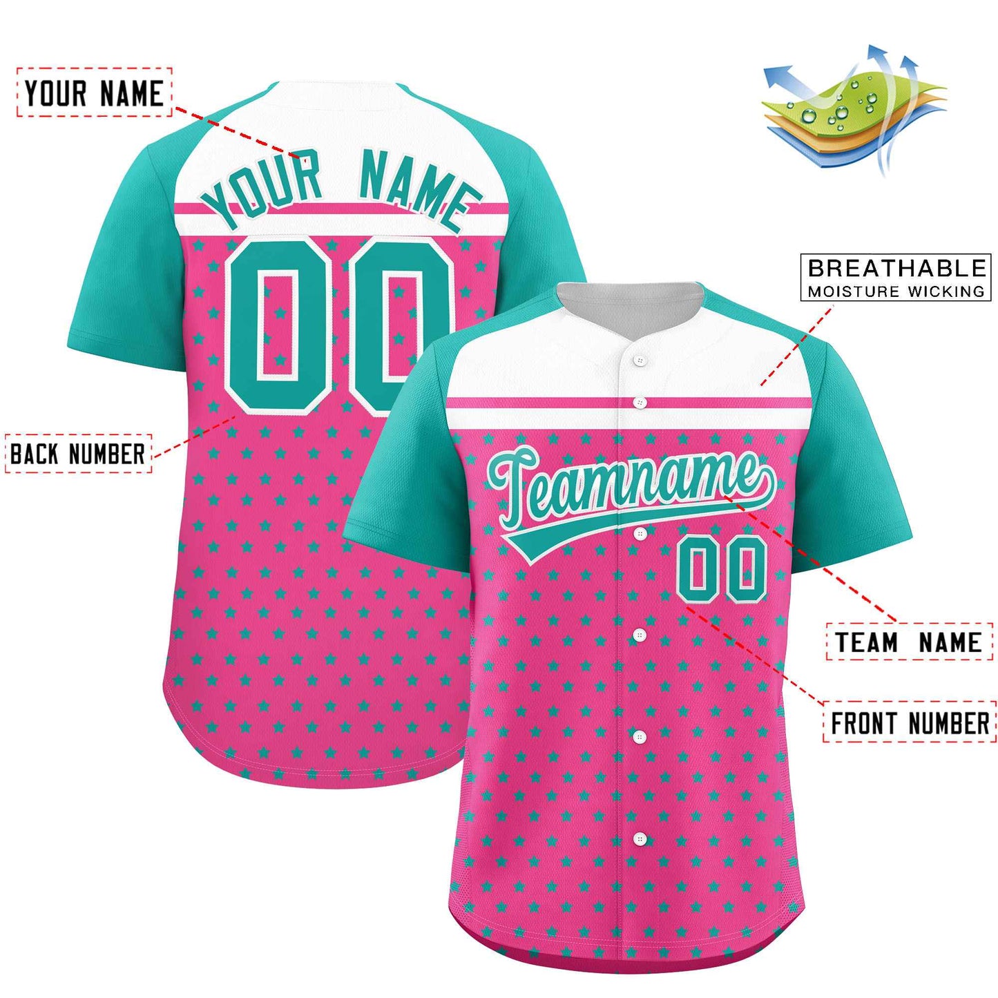Custom Pink Aqua-White Raglan Sleeve Personalized Star Print Authentic Baseball Jersey Limited