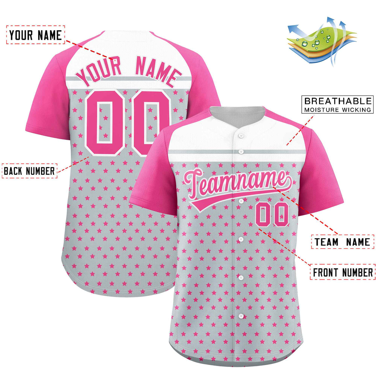 Custom Silver Pink-White Raglan Sleeve Personalized Star Print Authentic Baseball Jersey Limited