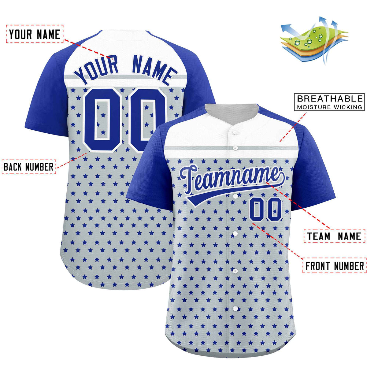 Custom Silver Royal-White Raglan Sleeve Personalized Star Print Authentic Baseball Jersey Limited