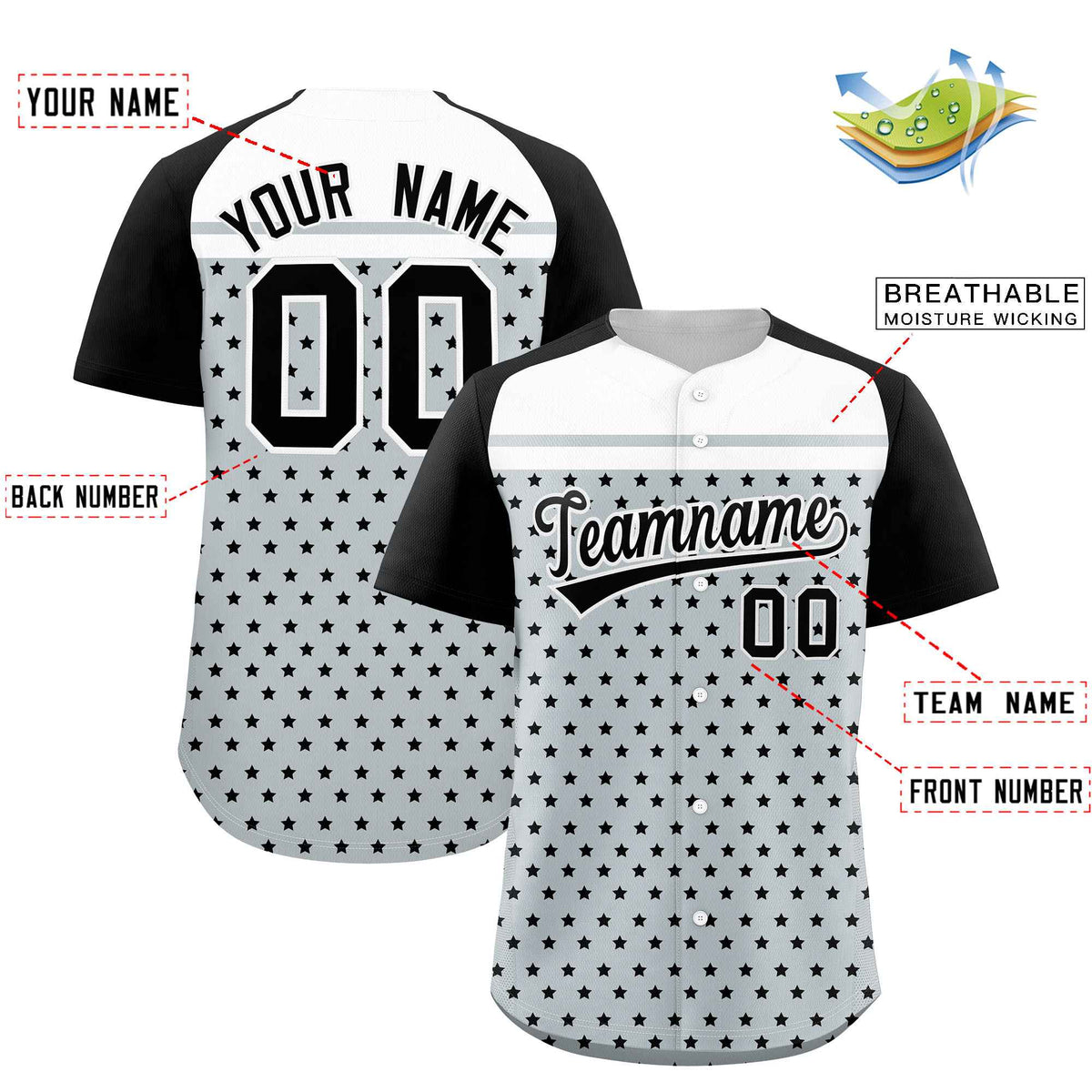Custom Silver Black-White Raglan Sleeve Personalized Star Print Authentic Baseball Jersey Limited