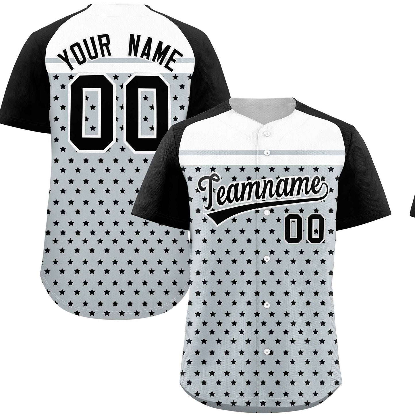 Custom Silver Black-White Raglan Sleeve Personalized Star Print Authentic Baseball Jersey
