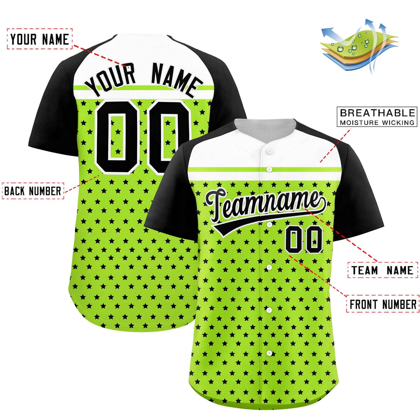Custom Neon Green Black-White Raglan Sleeve Personalized Star Print Authentic Baseball Jersey Limited