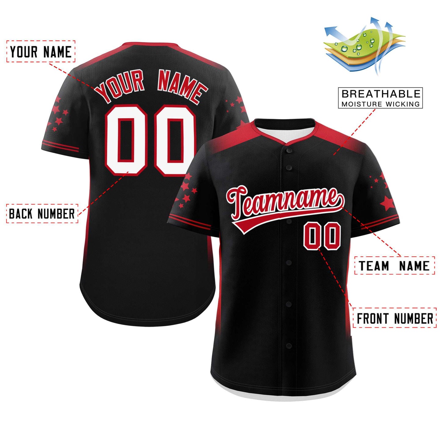 Custom Black Red Gradient Side Personalized Star Pattern Authentic Baseball Jersey Limited