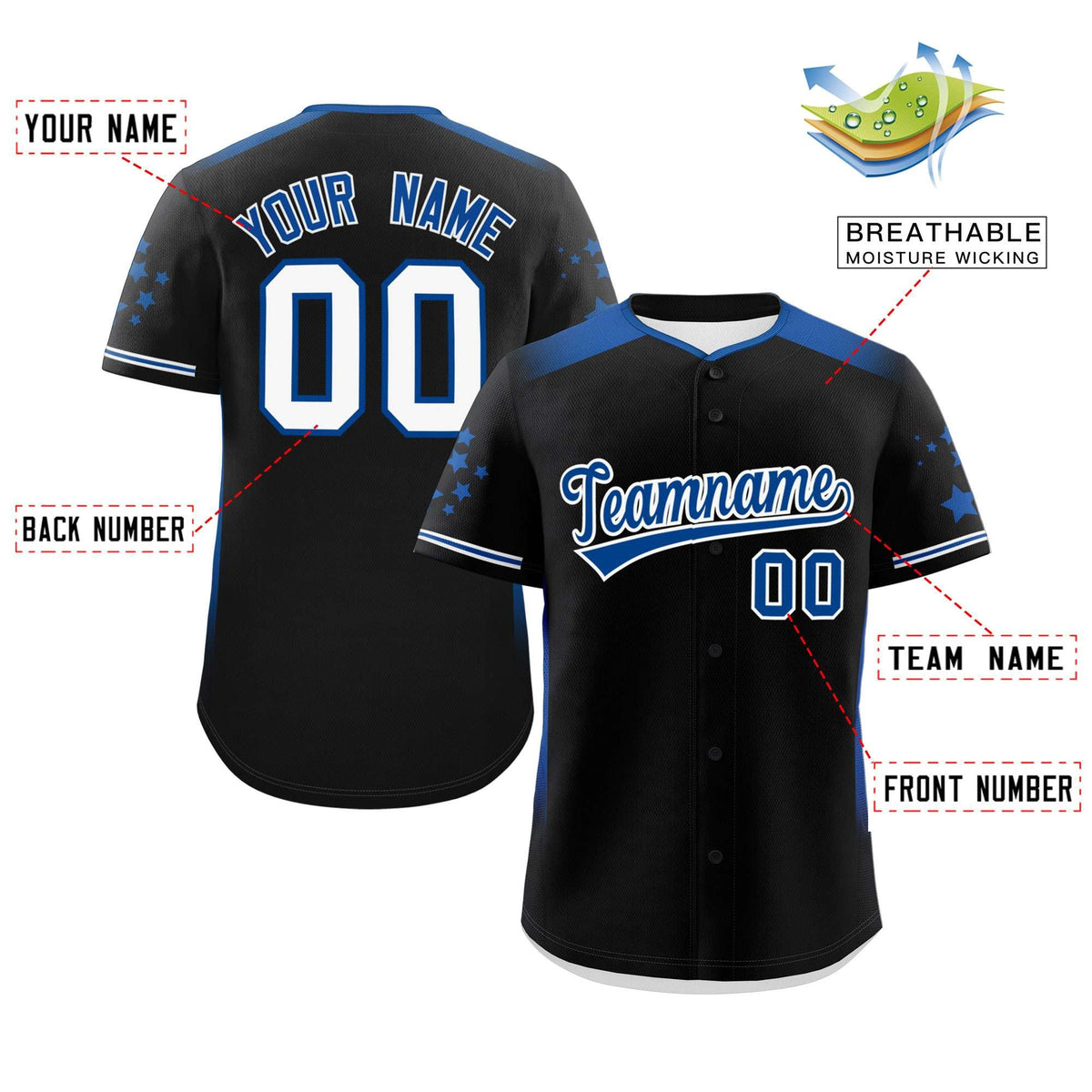 Custom Black Royal Gradient Side Personalized Star Pattern Authentic Baseball Jersey Limited
