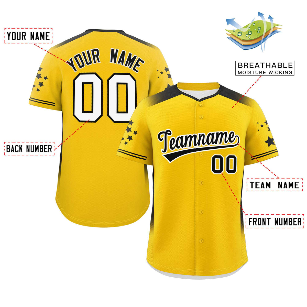 Custom Gold Black Gradient Side Personalized Star Pattern Authentic Baseball Jersey Limited