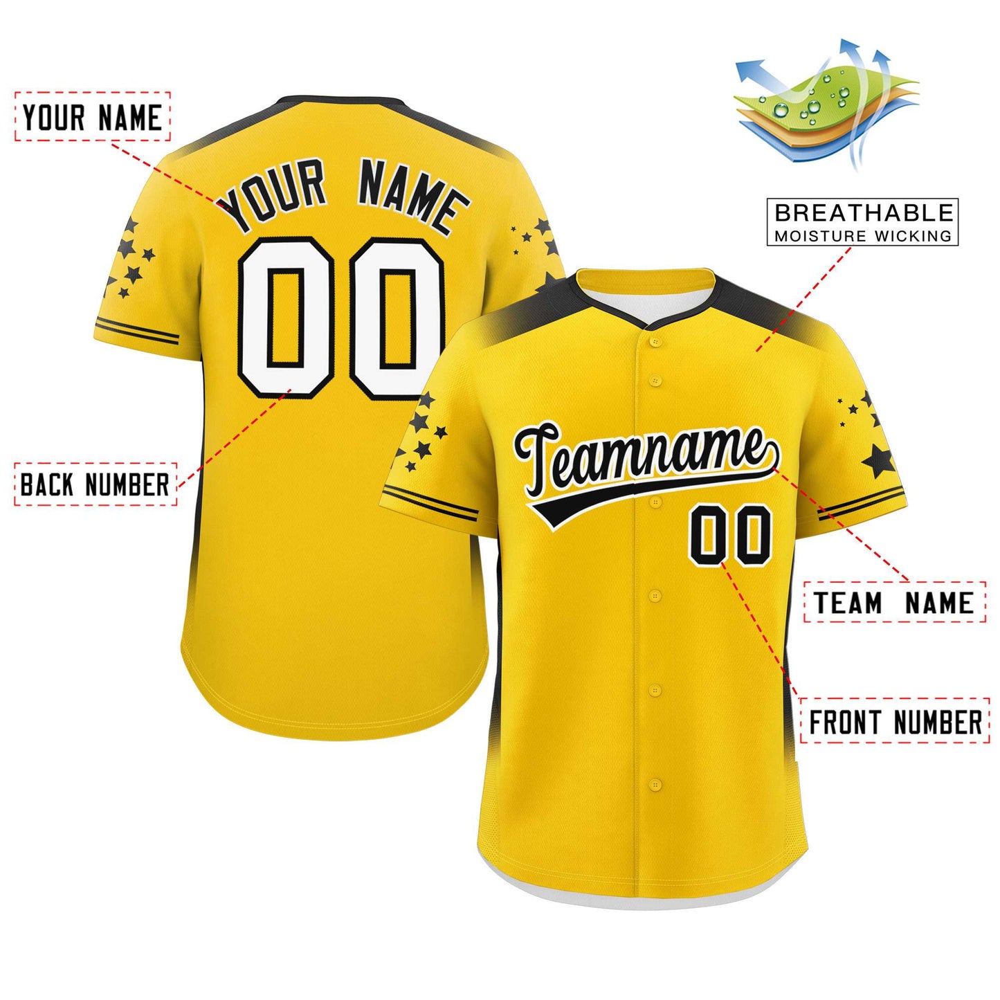 Custom Gold Black Gradient Side Personalized Star Pattern Authentic Baseball Jersey Limited