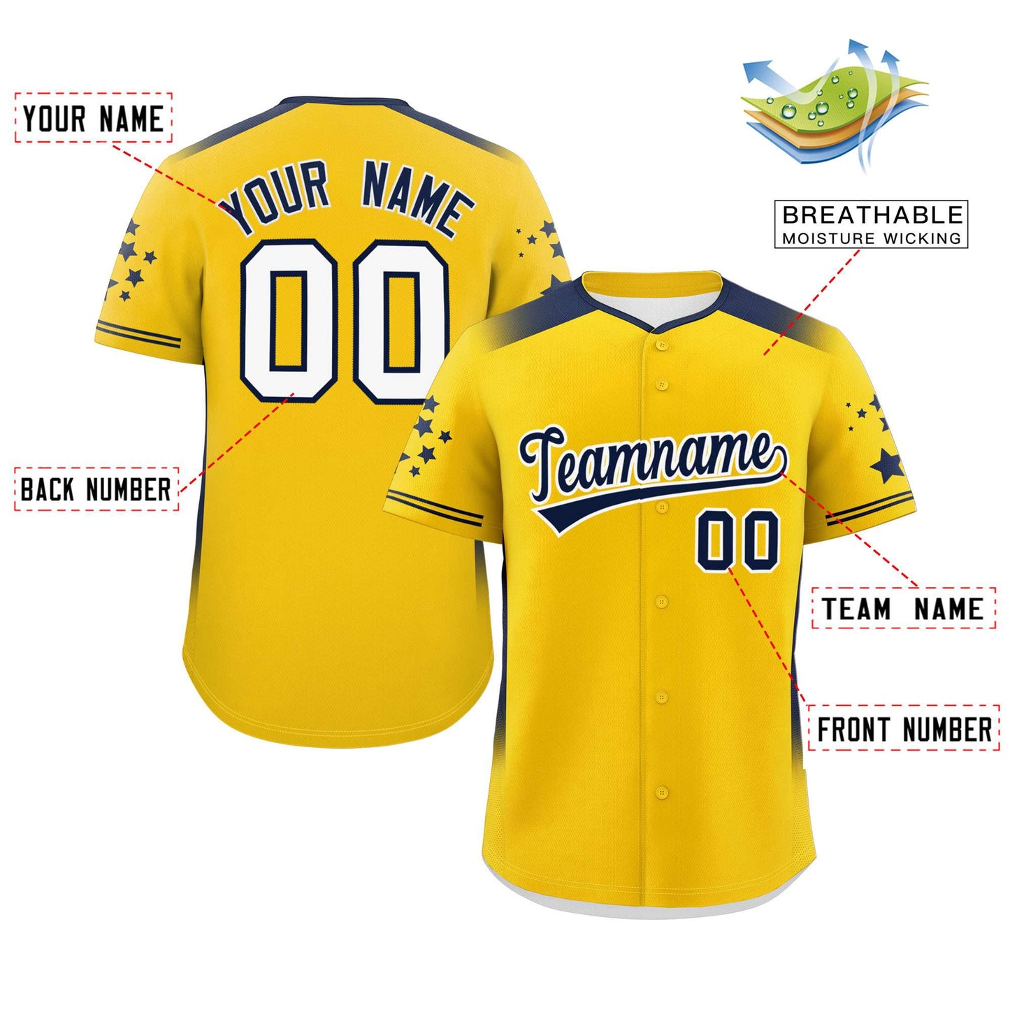 Custom Gold Navy Gradient Side Personalized Star Pattern Authentic Baseball Jersey Limited