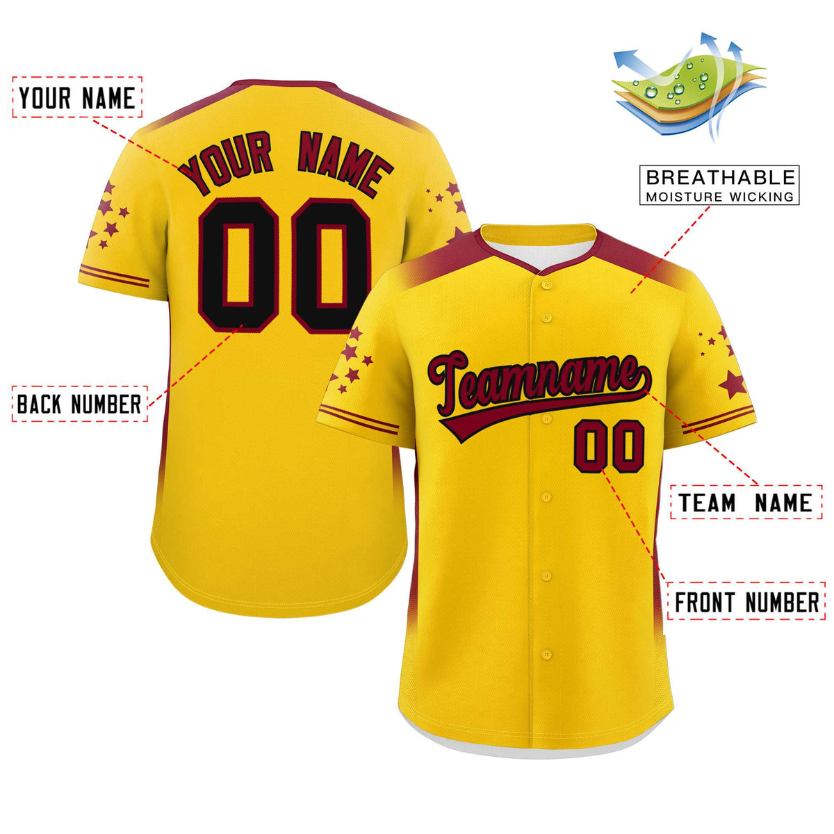 Custom Gold Crimson Gradient Side Personalized Star Pattern Authentic Baseball Jersey Limited