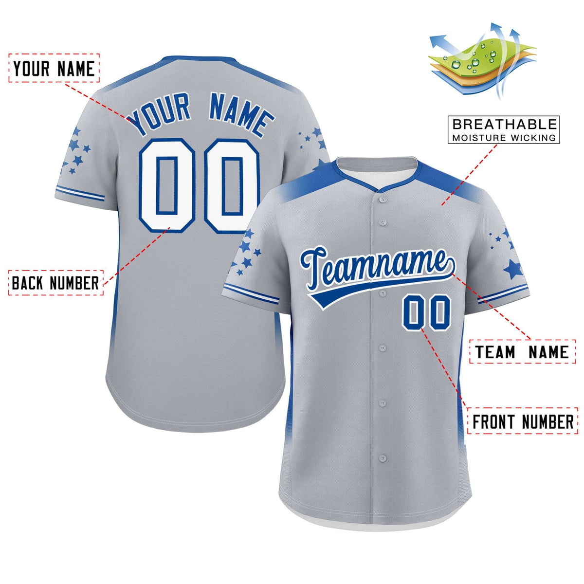 Custom Gray Royal Gradient Side Personalized Star Pattern Authentic Baseball Jersey Limited