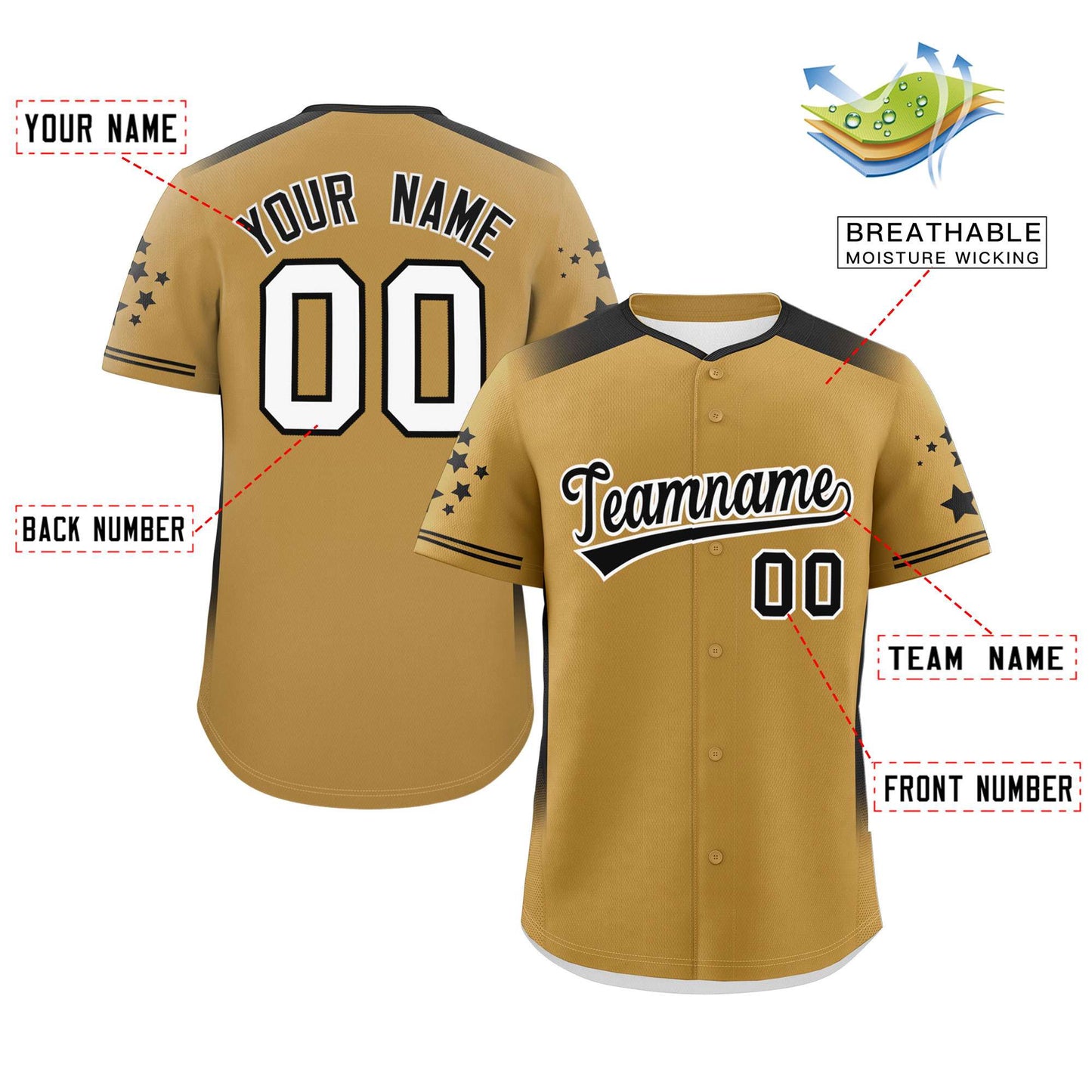 Custom Old Gold Black Gradient Side Personalized Star Pattern Authentic Baseball Jersey Limited