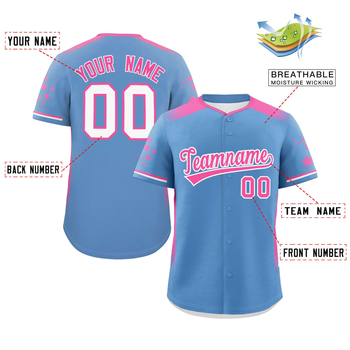 Custom Light Blue Pink Gradient Side Personalized Star Pattern Authentic Baseball Jersey Limited