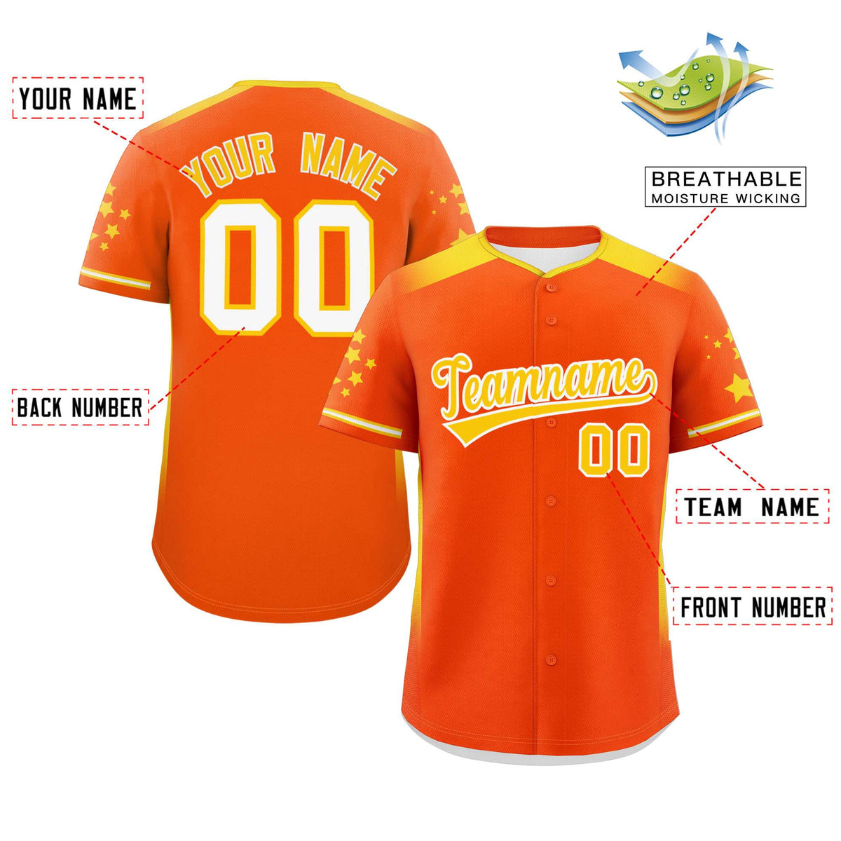 Custom Orange Gold Gradient Side Personalized Star Pattern Authentic Baseball Jersey Limited