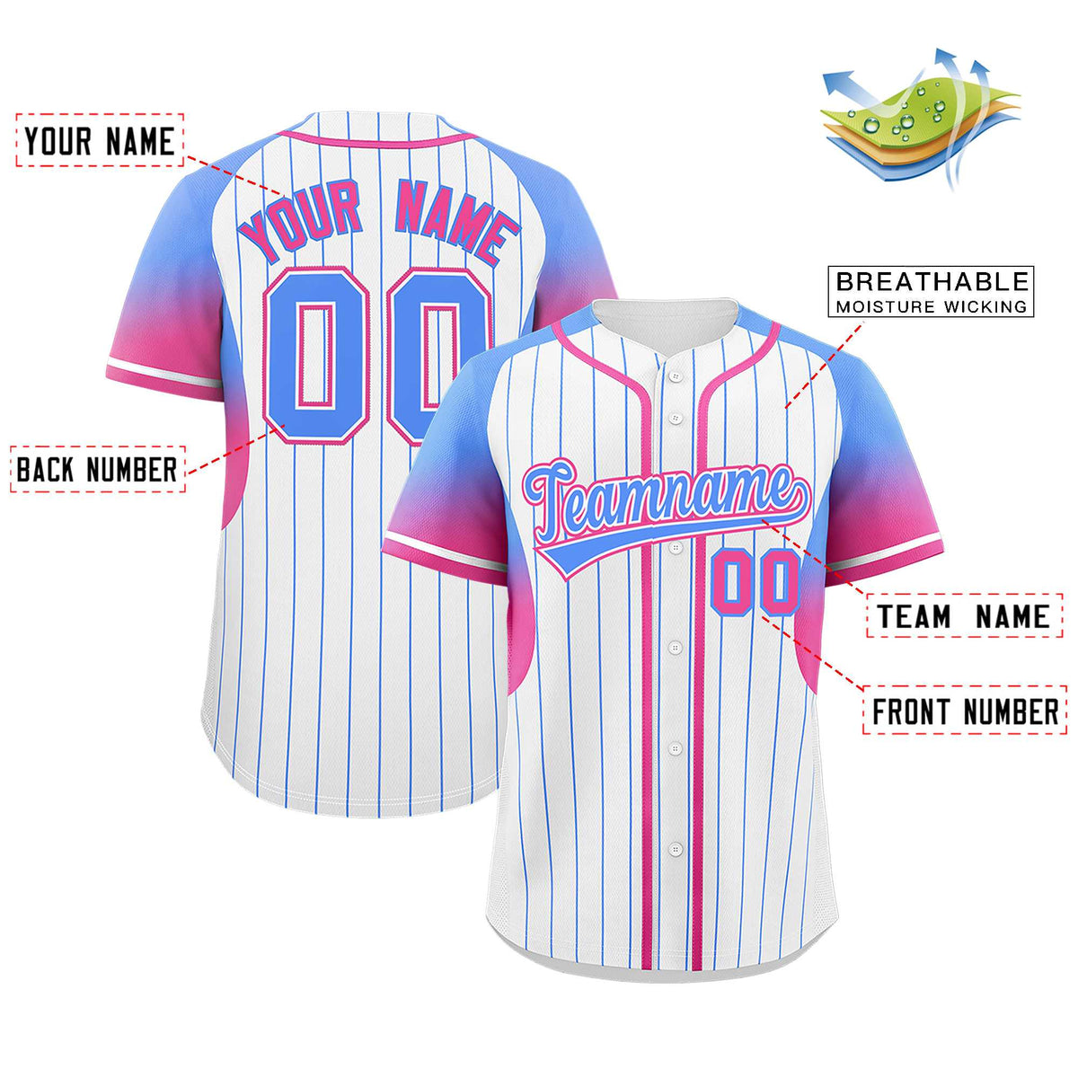 Custom White Powder Blue Stripe Fashion Sleeves Gradient Authentic Baseball Jersey Limited