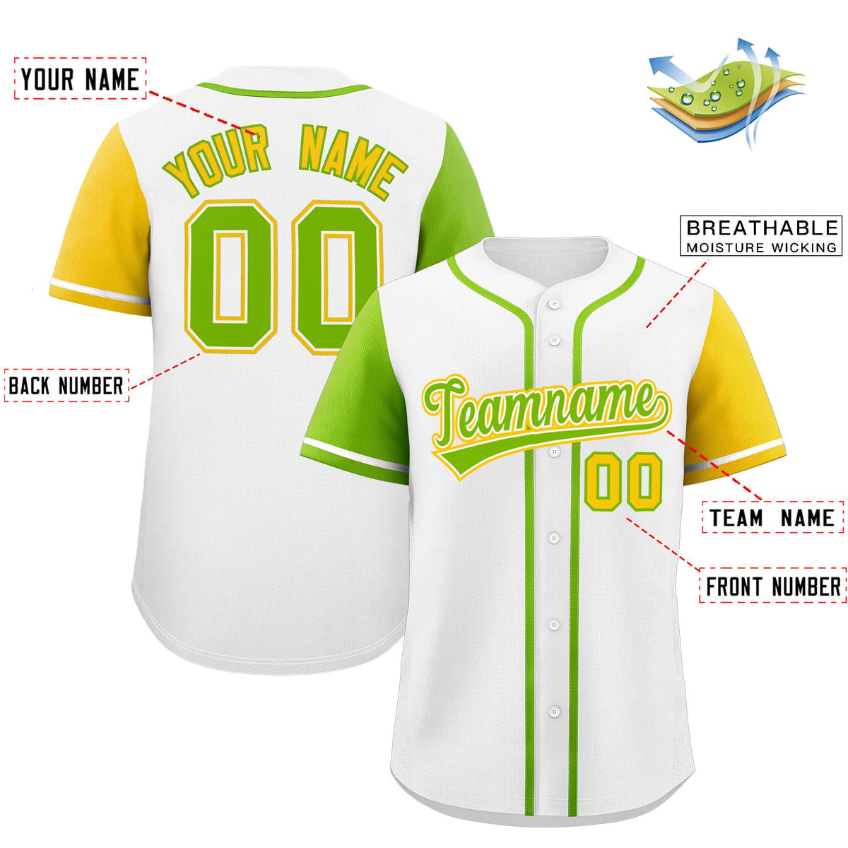 Custom White Neon Green and Gold Raglan Sleeves Authentic Baseball Jersey Limited