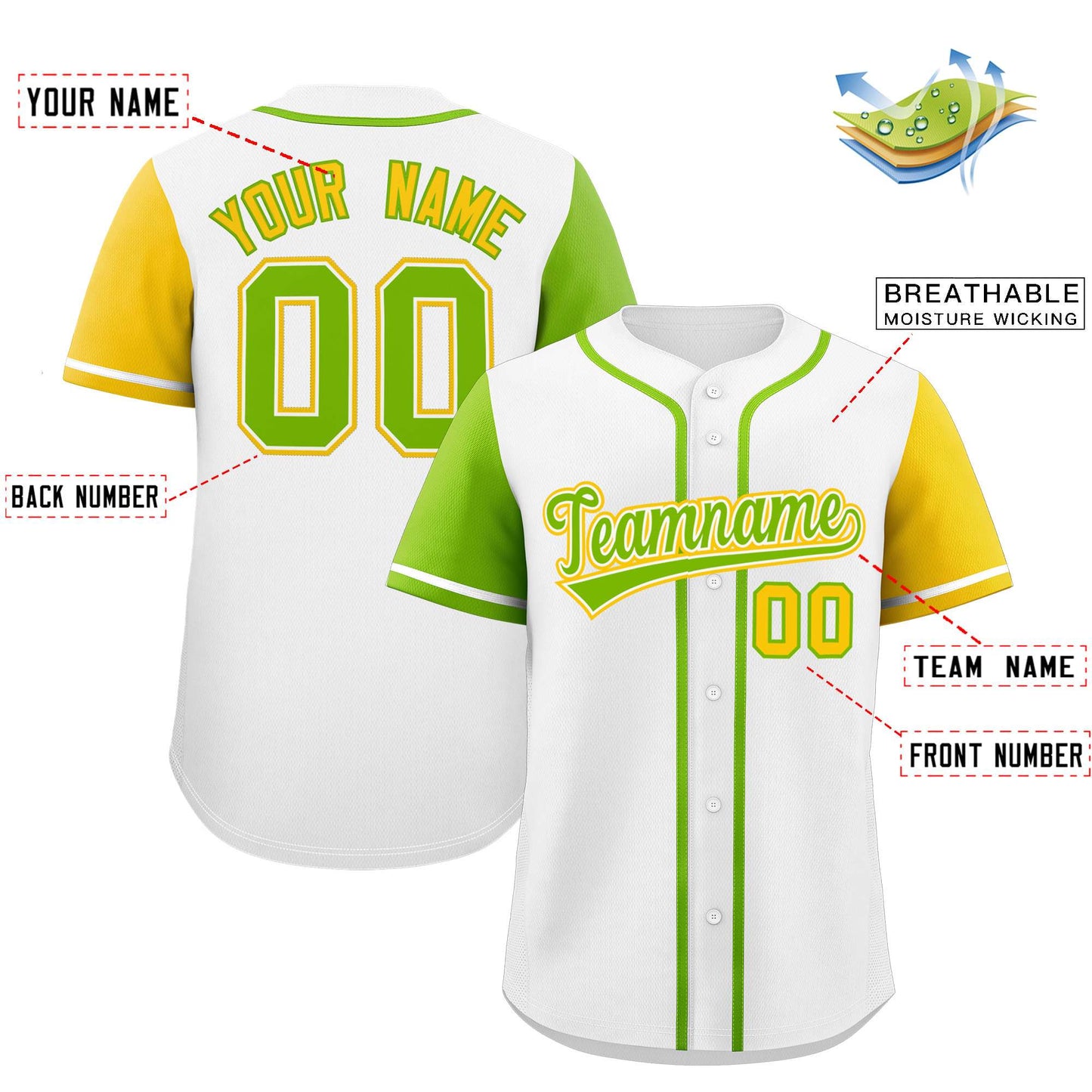 Custom White Neon Green and Gold Raglan Sleeves Authentic Baseball Jersey Limited