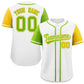Custom White Neon Green and Gold Raglan Sleeves Authentic Baseball Jersey