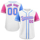 Custom White Powder Blue and Pink Raglan Sleeves Authentic Baseball Jersey