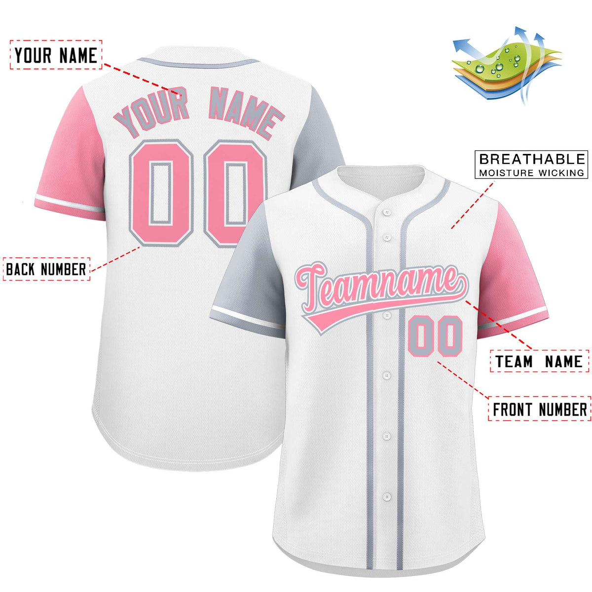 Custom White Silver and Light Pink Raglan Sleeves Authentic Baseball Jersey Limited