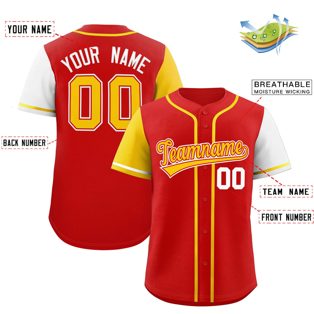 Custom Red Gold and White Raglan Sleeves Authentic Baseball Jersey Limited