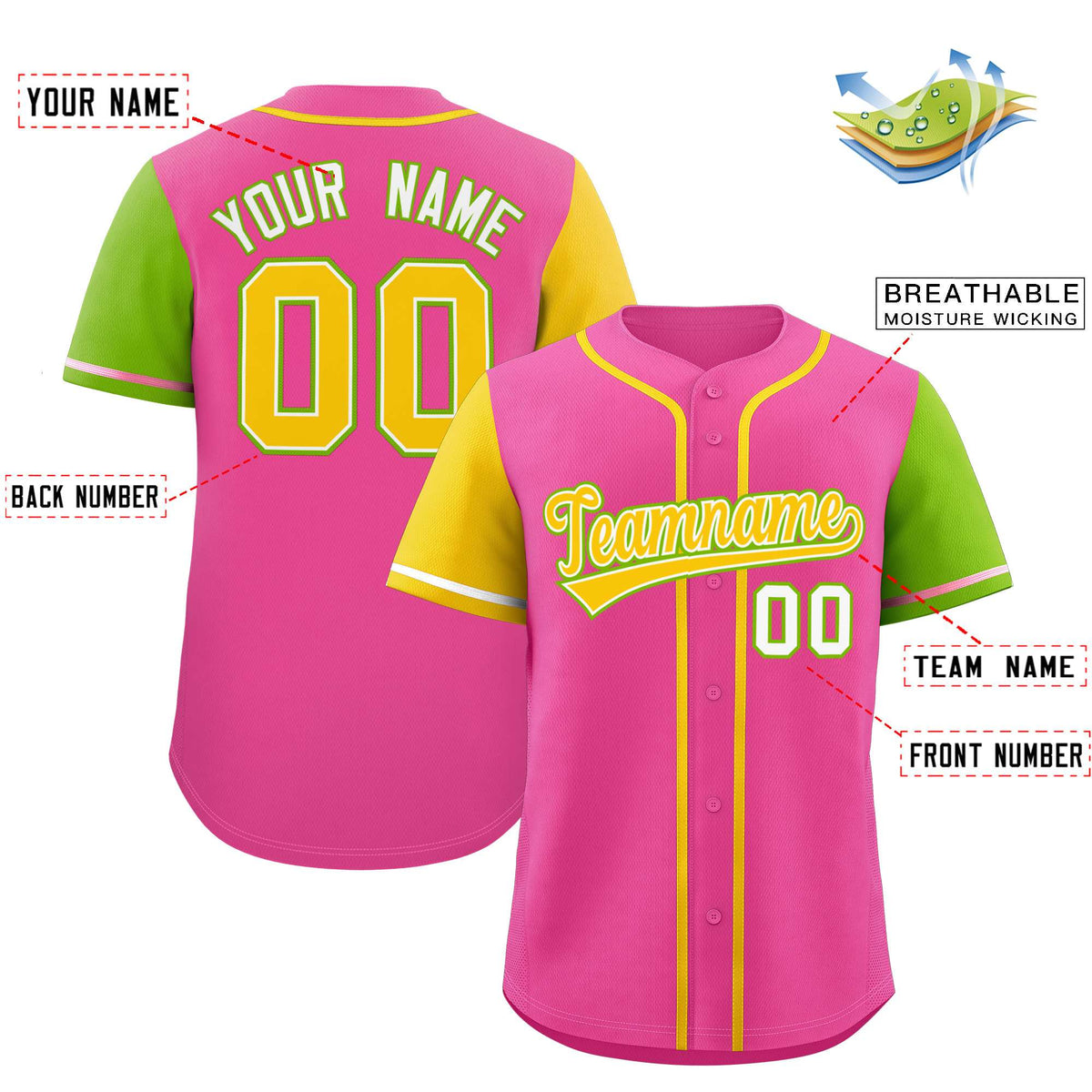 Custom Pink Gold and Neon Green Raglan Sleeves Authentic Baseball Jersey Limited
