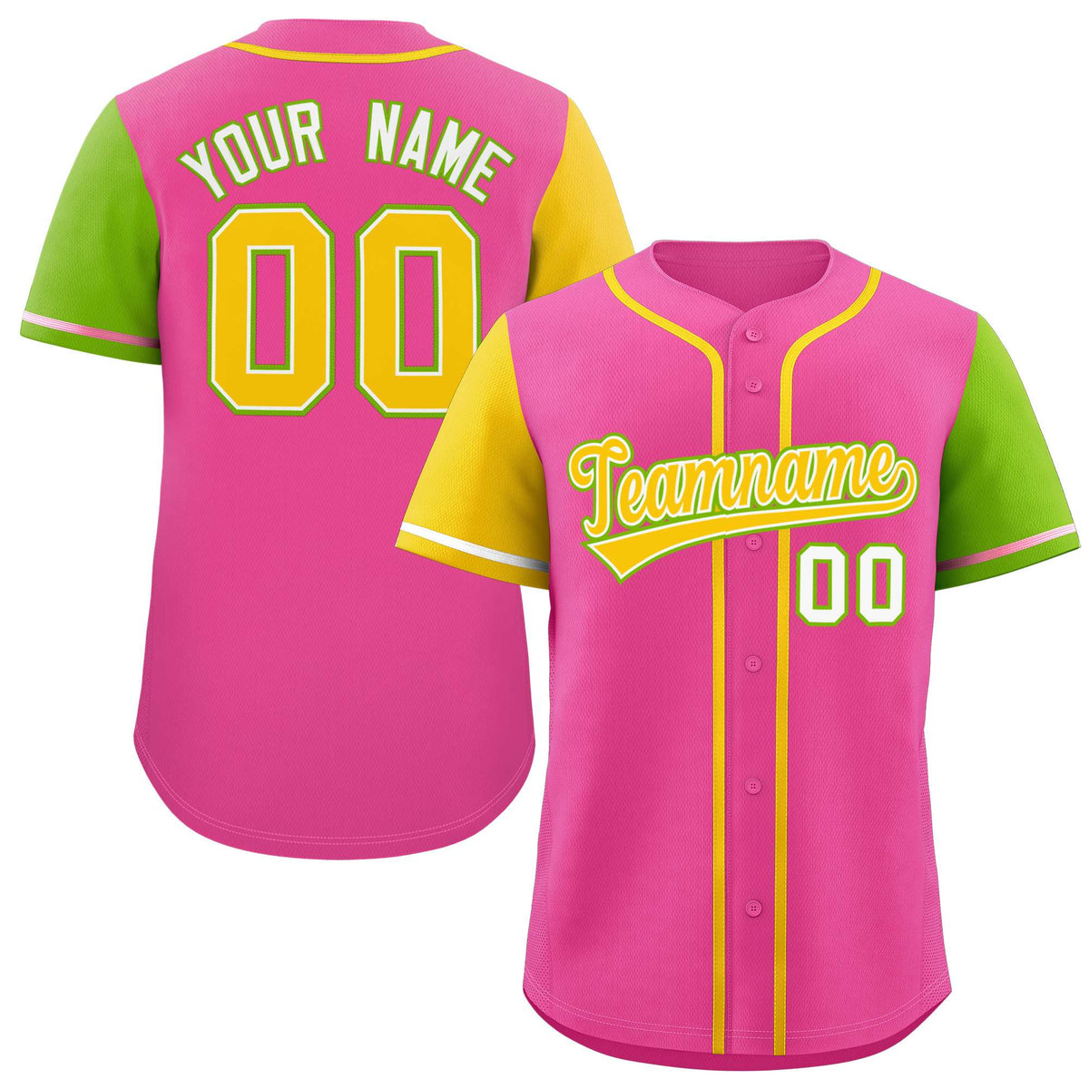 Custom Pink Gold and Neon Green Raglan Sleeves Authentic Baseball Jersey