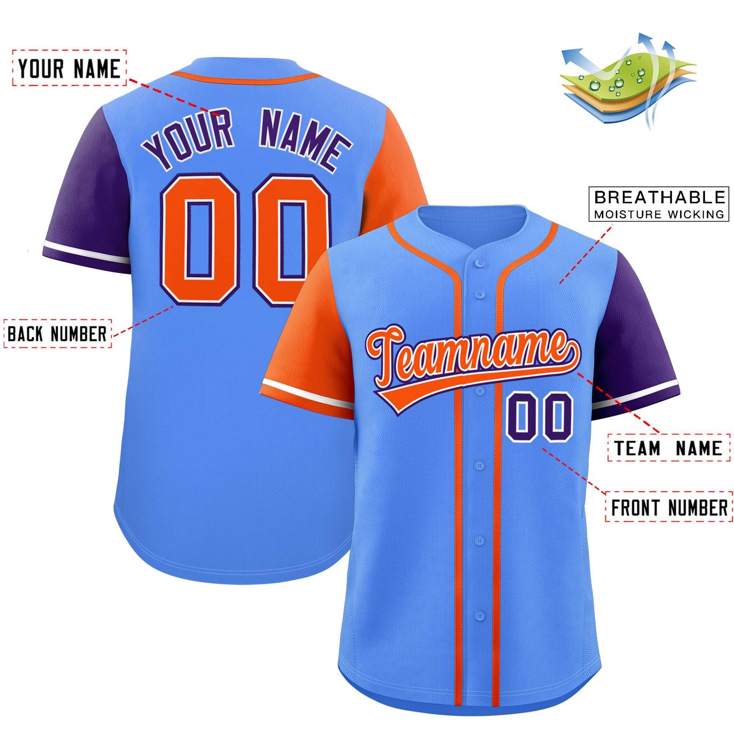 Custom Powder Blue Orange and Purple Raglan Sleeves Authentic Baseball Jersey Limited