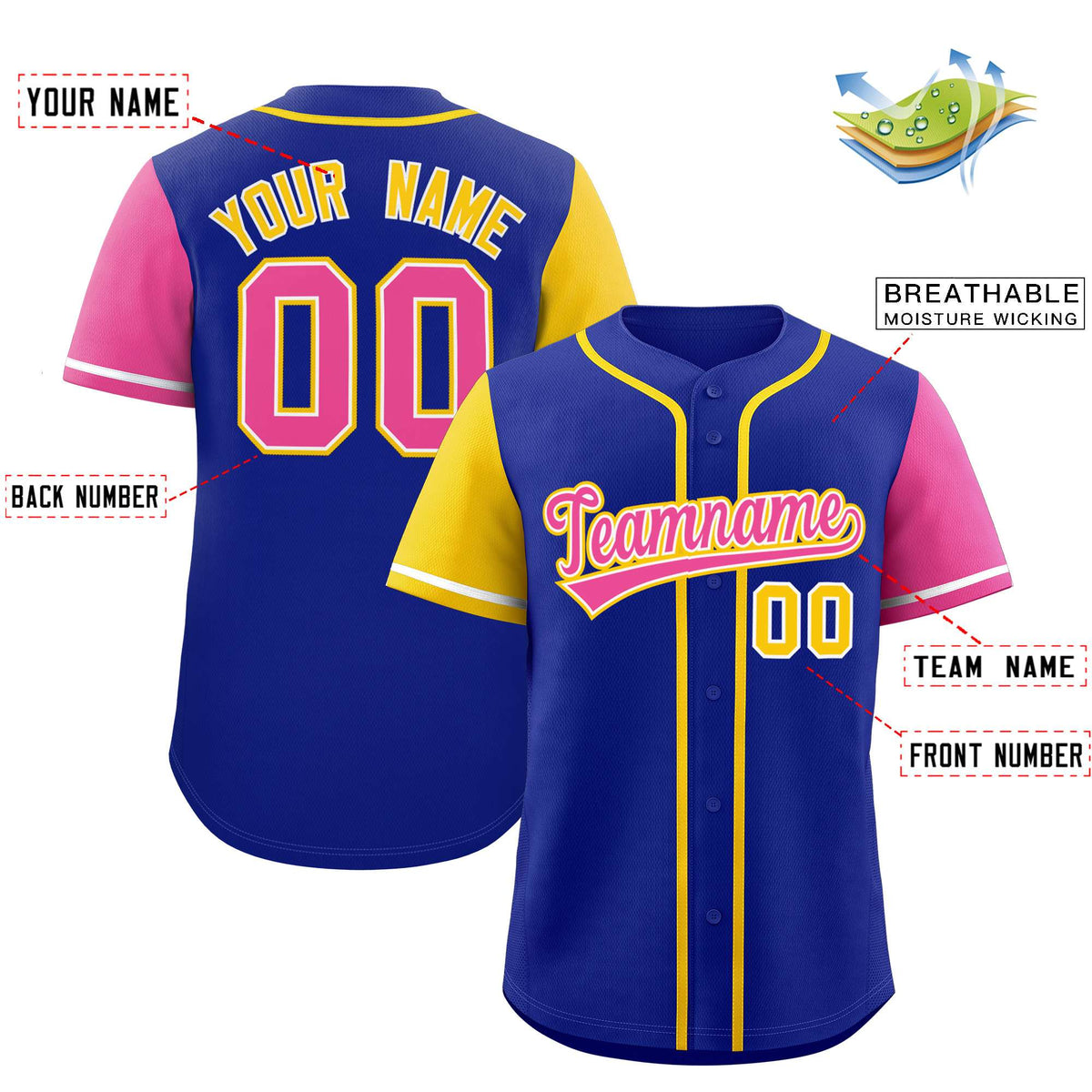 Custom Royal Gold and Pink Raglan Sleeves Authentic Baseball Jersey Limited