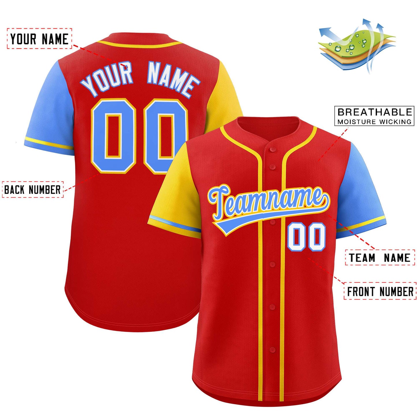 Custom Red Gold and Powder Blue Raglan Sleeves Authentic Baseball Jersey Limited