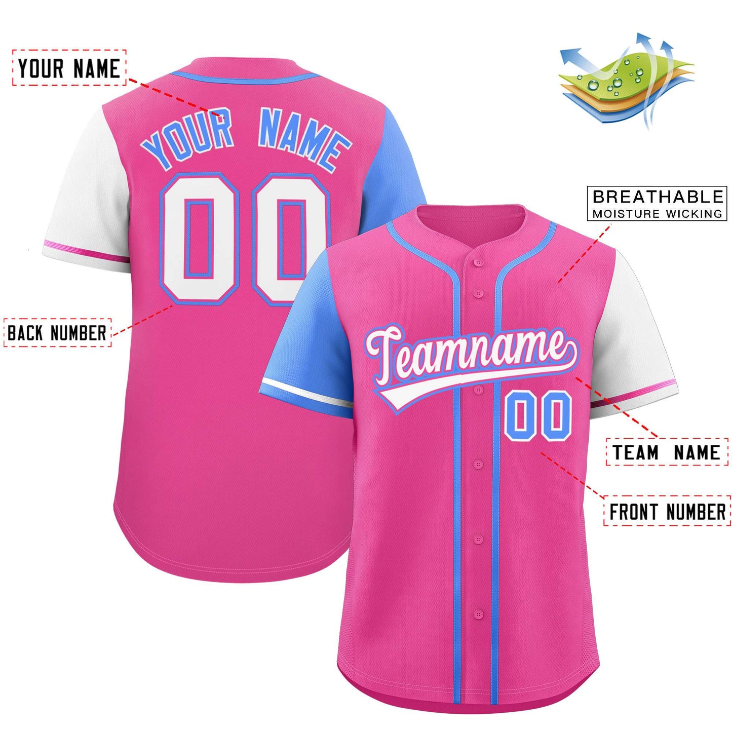 Custom Pink Powder Blue and White Raglan Sleeves Authentic Baseball Jersey Limited