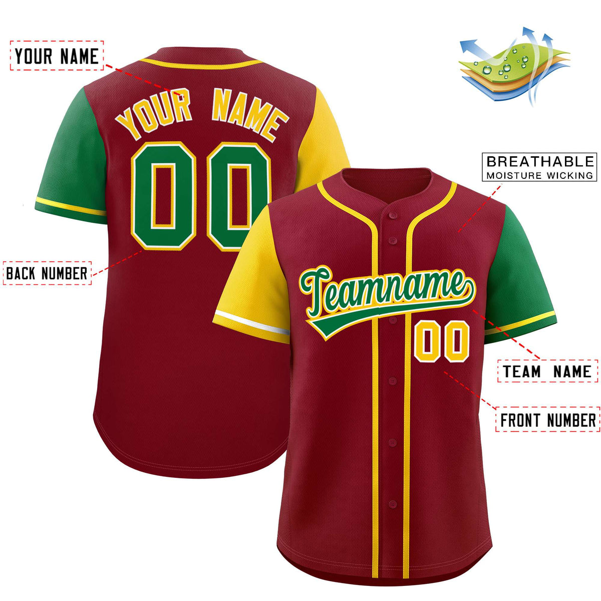 Custom Crimson Gold and Kelly Green Raglan Sleeves Authentic Baseball Jersey Limited