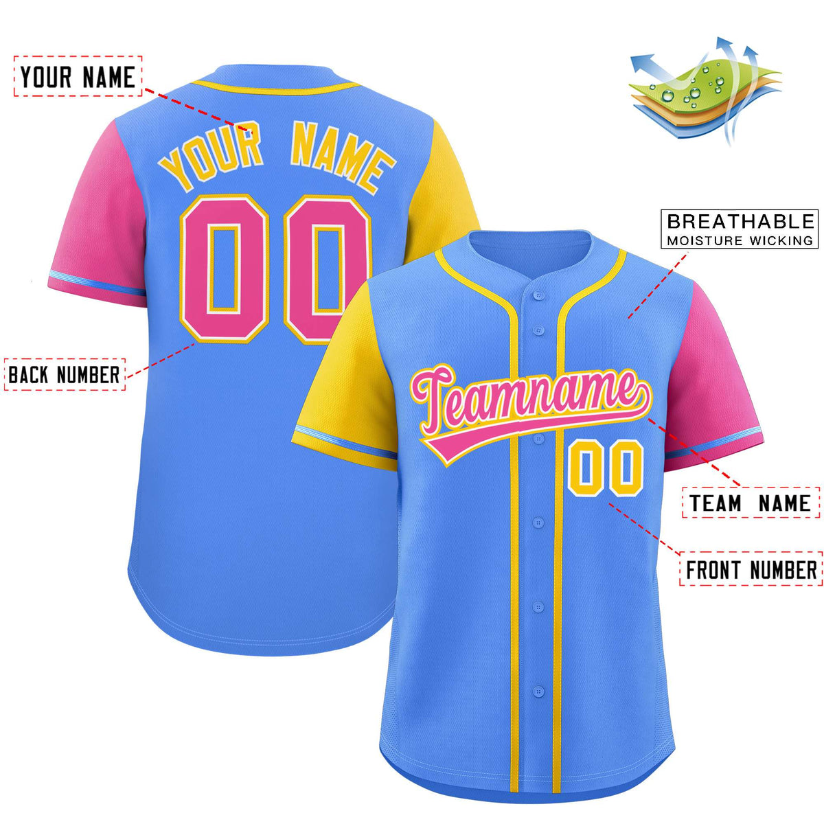 Custom Powder Blue Gold and Pink Raglan Sleeves Authentic Baseball Jersey Limited