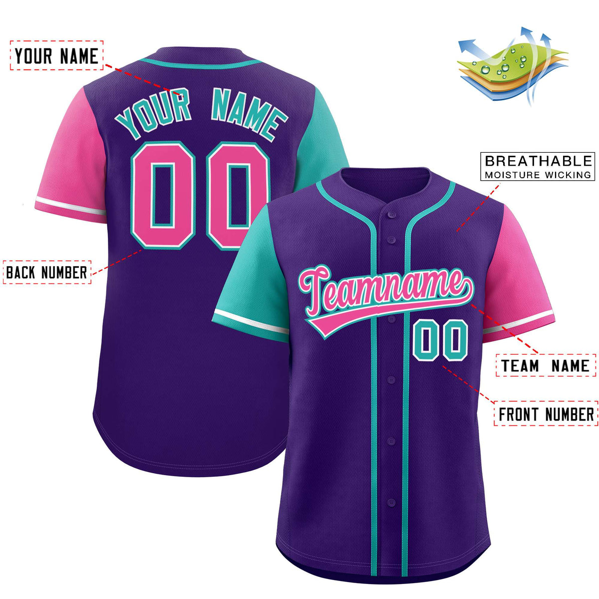 Custom Purple Aqua and Pink Raglan Sleeves Authentic Baseball Jersey Limited