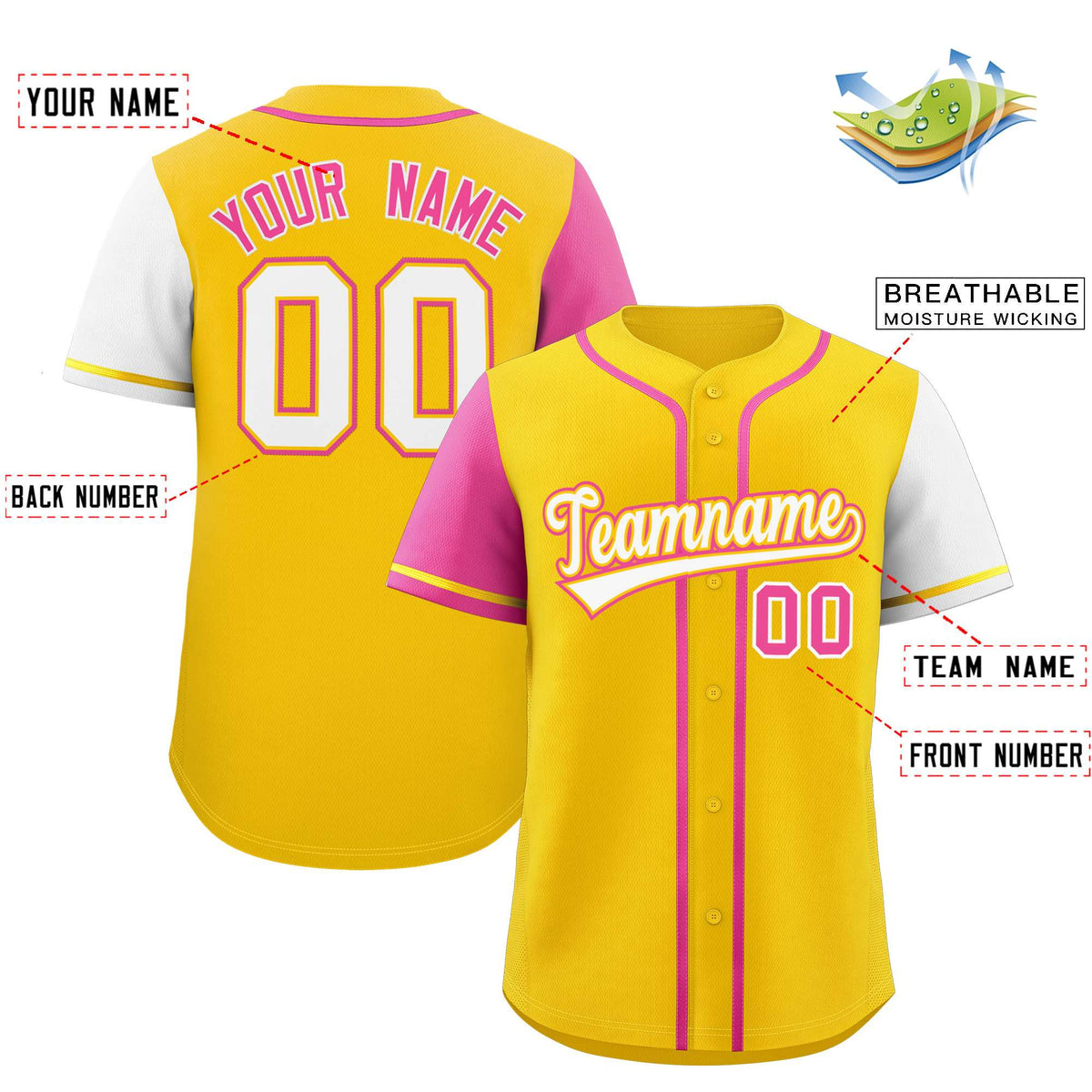 Custom Gold Pink and White Raglan Sleeves Authentic Baseball Jersey Limited