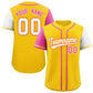 Custom Gold Pink and White Raglan Sleeves Authentic Baseball Jersey