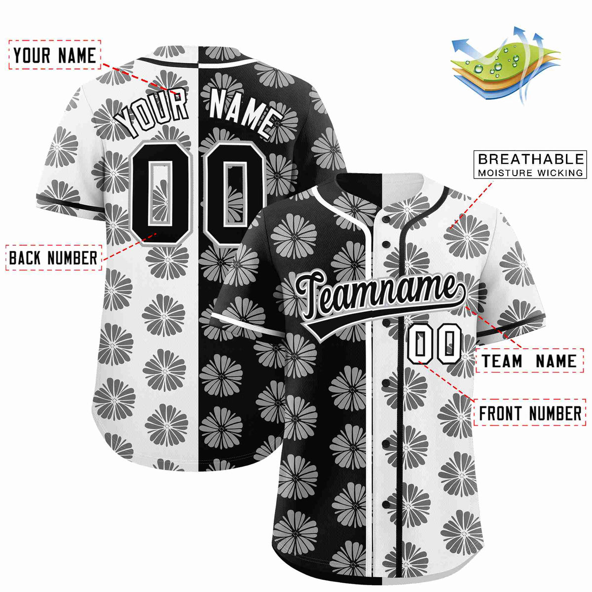 Custom Black White Split Fashion Flower Graffiti Pattern Authentic Baseball Jersey Limited