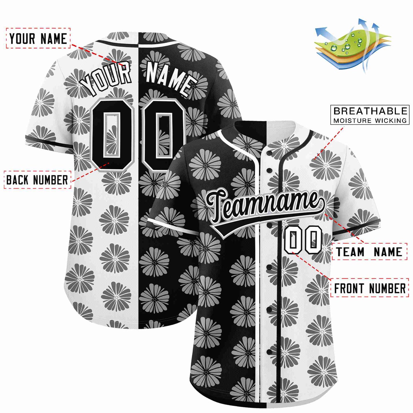 Custom Black White Split Fashion Flower Graffiti Pattern Authentic Baseball Jersey Limited