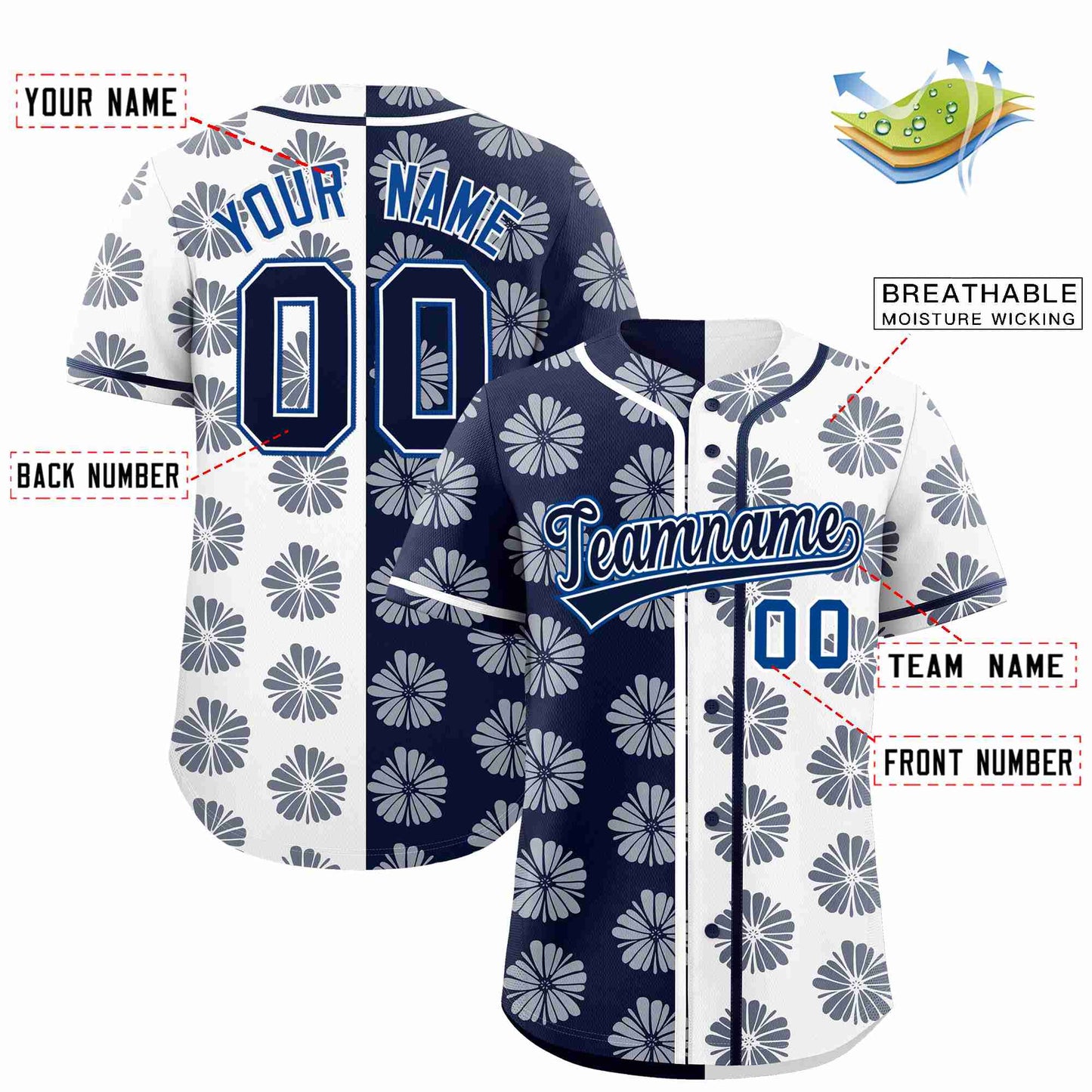 Custom Navy White Split Fashion Flower Graffiti Pattern Authentic Baseball Jersey Limited