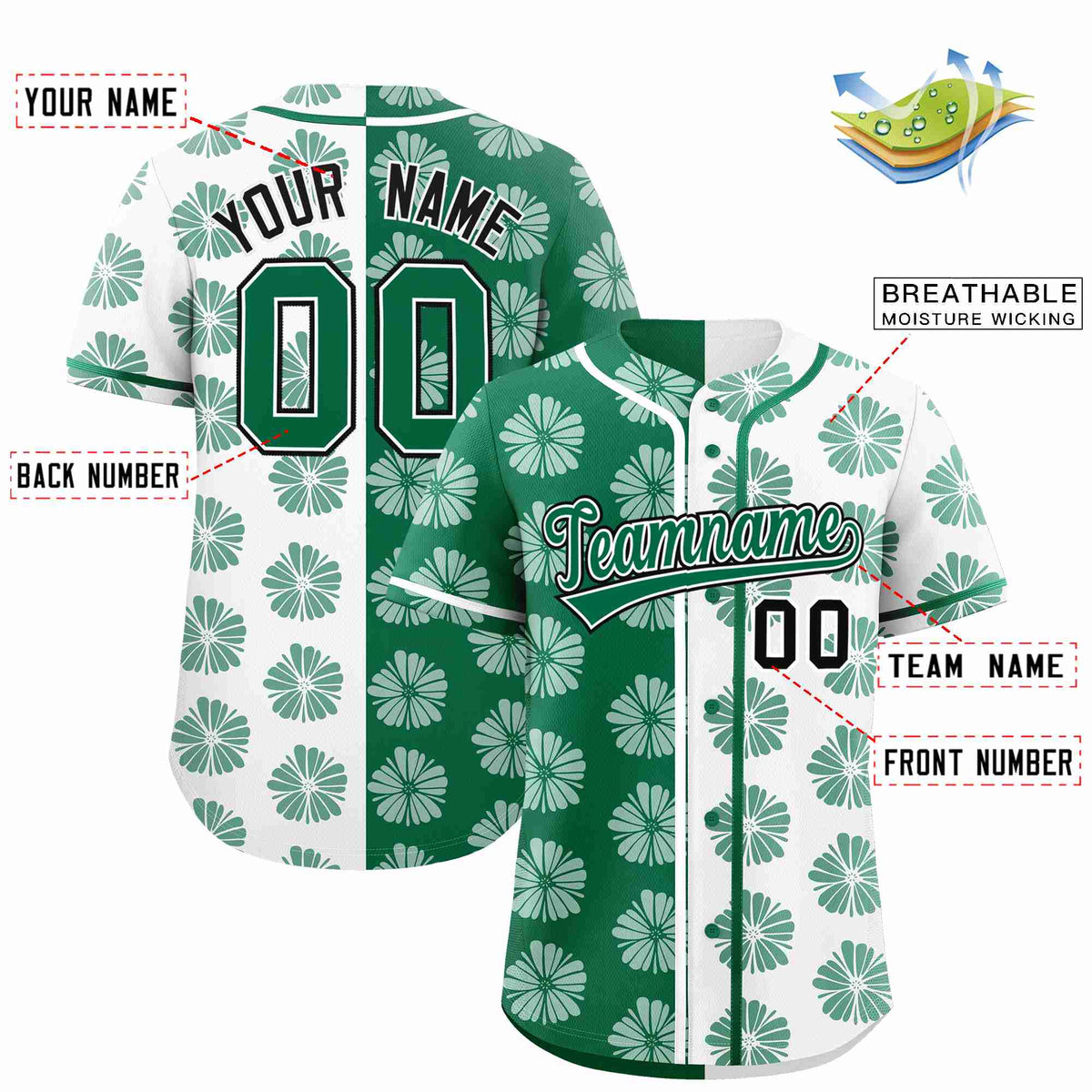 Custom Kelly Green White Split Fashion Flower Graffiti Pattern Authentic Baseball Jersey Limited