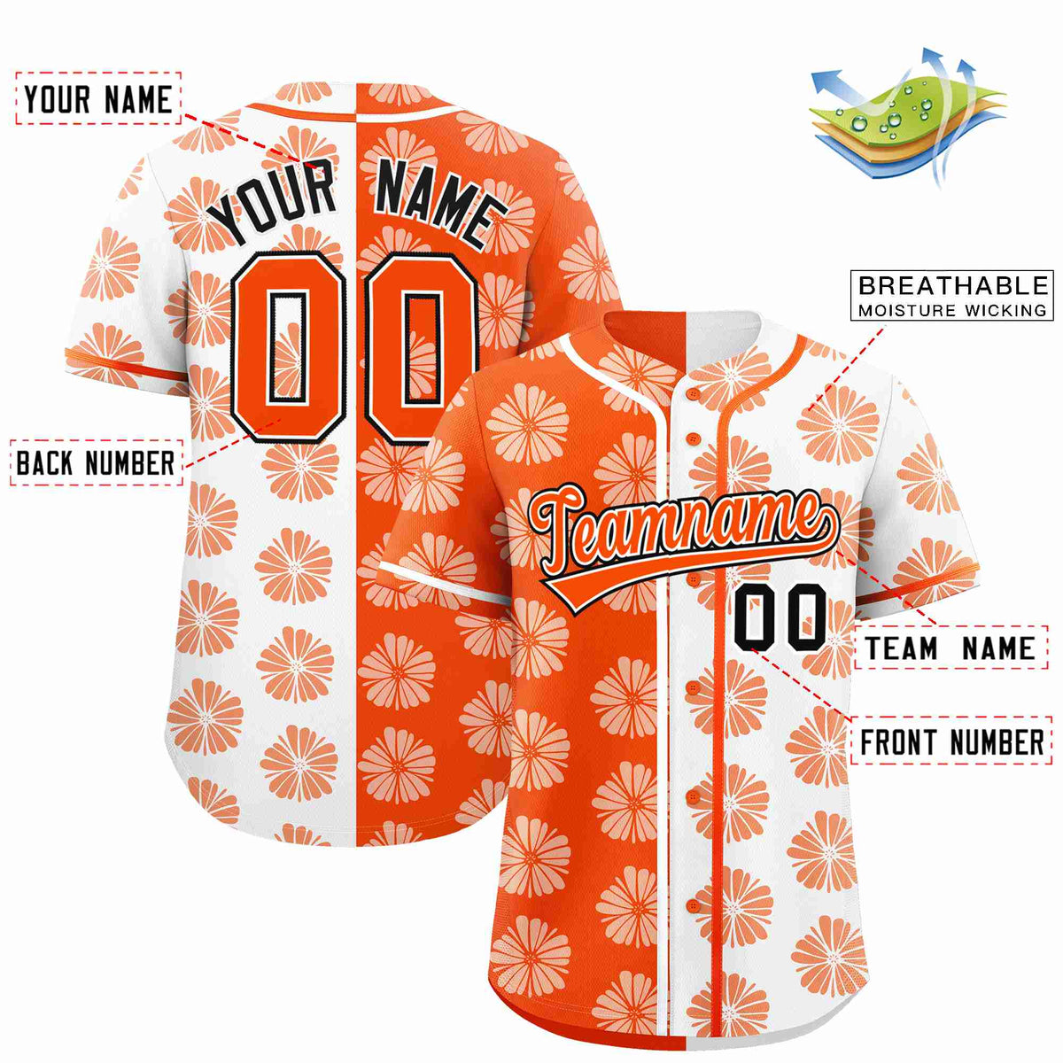 Custom Orange White Split Fashion Flower Graffiti Pattern Authentic Baseball Jersey Limited