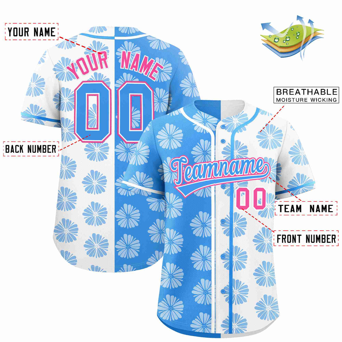Custom Powder Blue White Split Fashion Flower Graffiti Pattern Authentic Baseball Jersey Limited
