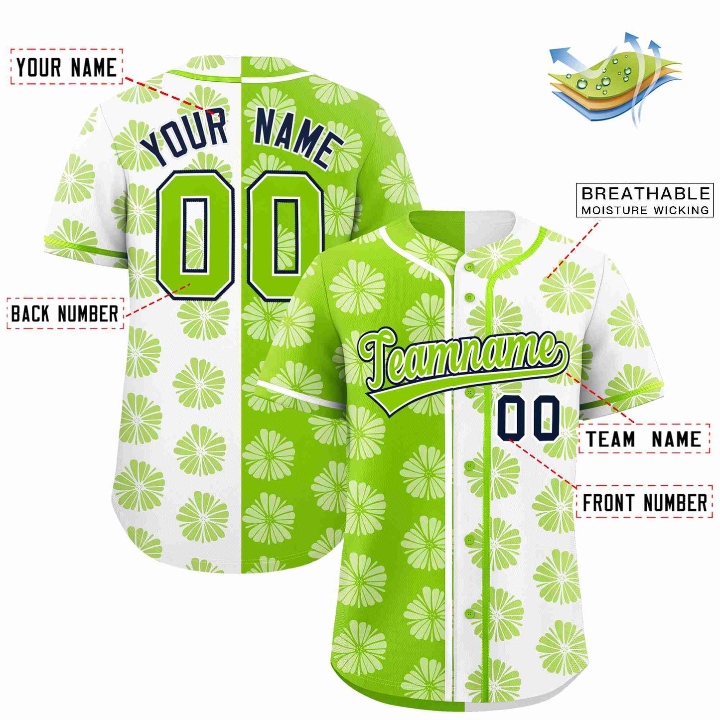 Custom Neon Green White Split Fashion Flower Graffiti Pattern Authentic Baseball Jersey Limited