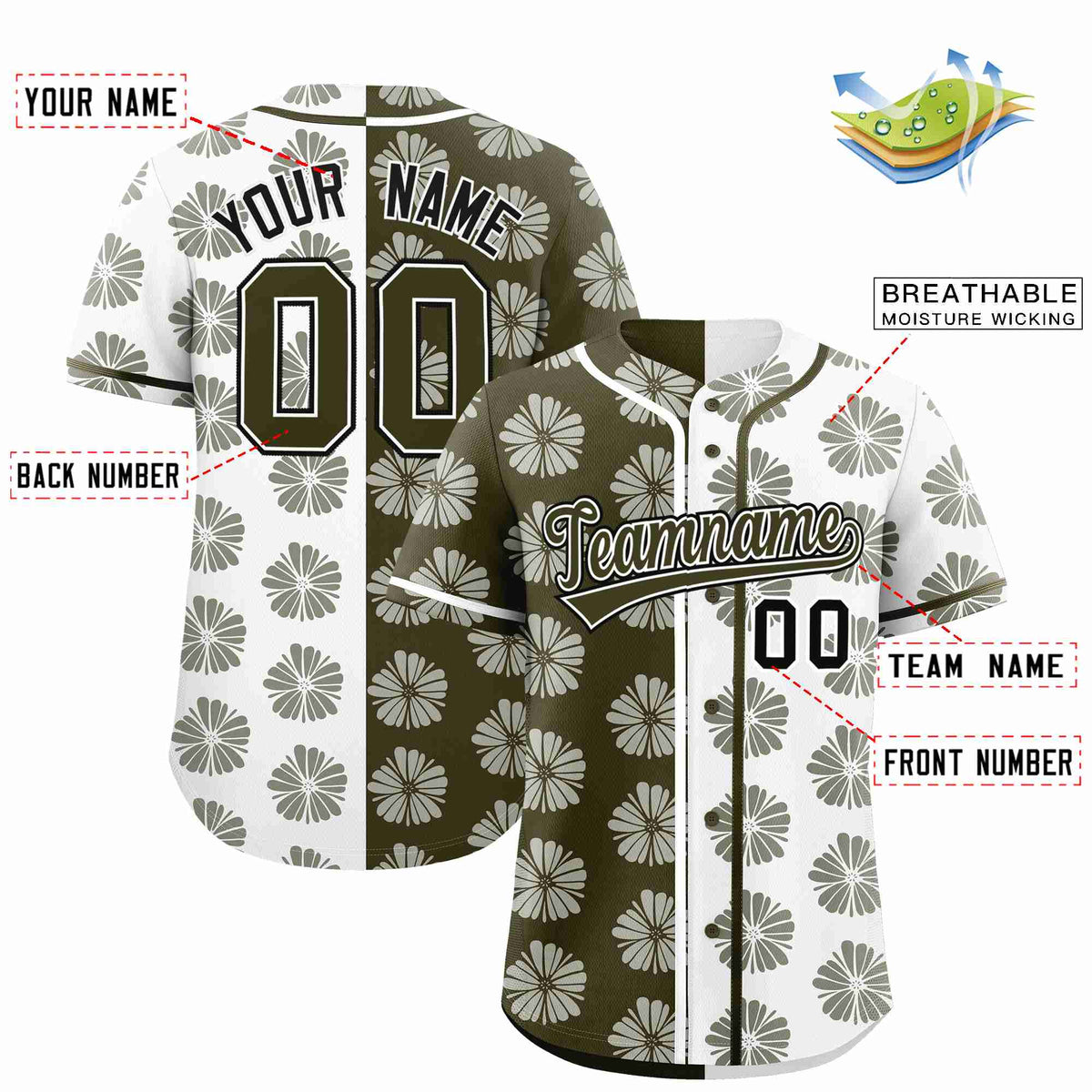 Custom Olive White Split Fashion Flower Graffiti Pattern Authentic Baseball Jersey Limited