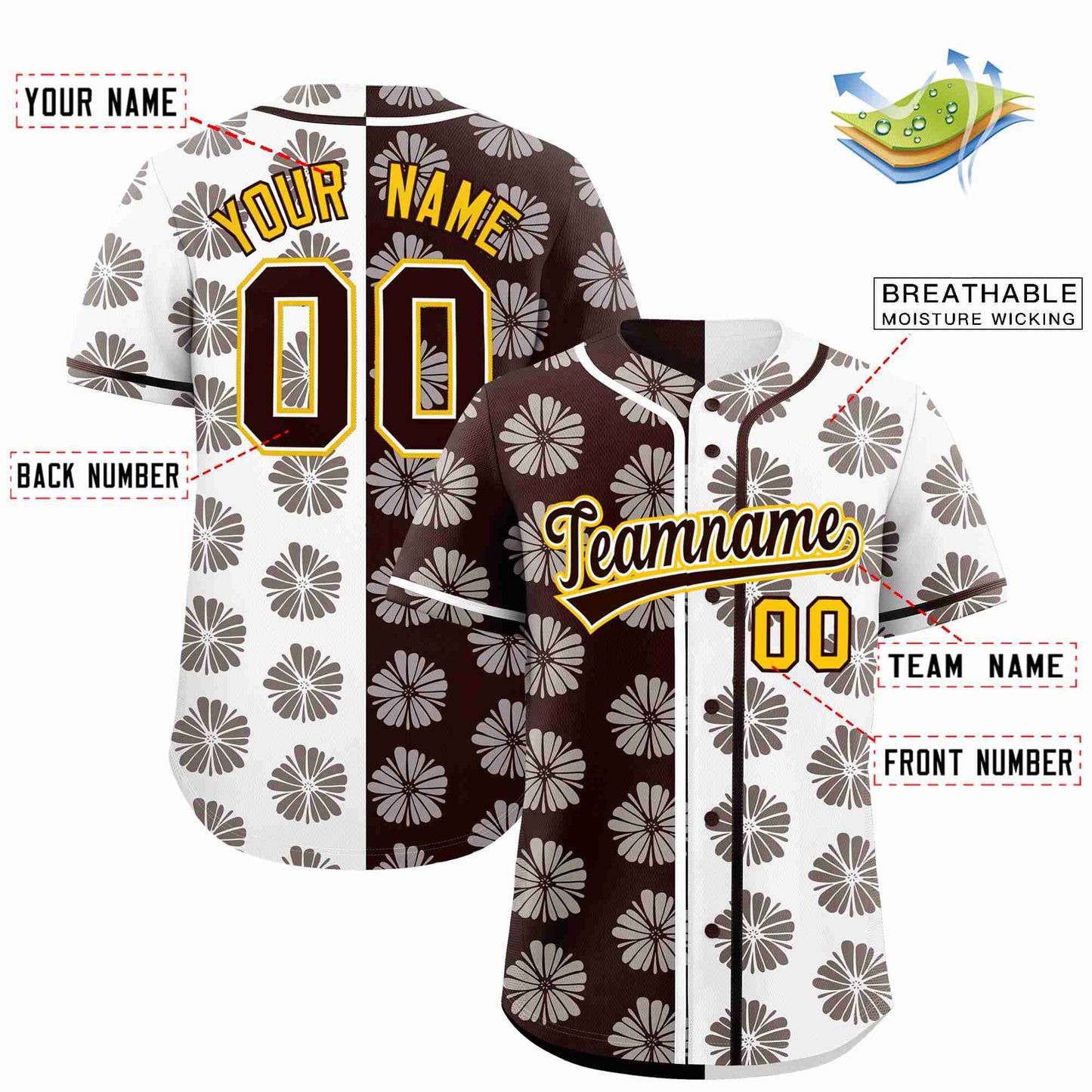 Custom Brown White Split Fashion Flower Graffiti Pattern Authentic Baseball Jersey Limited
