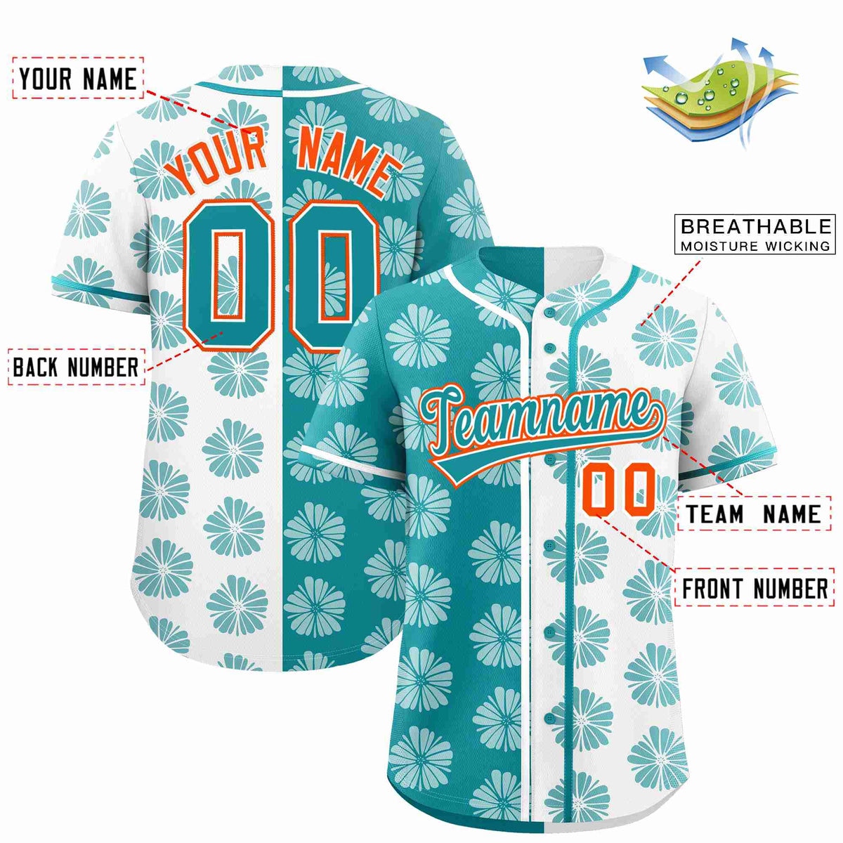 Custom Aqua White Split Fashion Flower Graffiti Pattern Authentic Baseball Jersey Limited