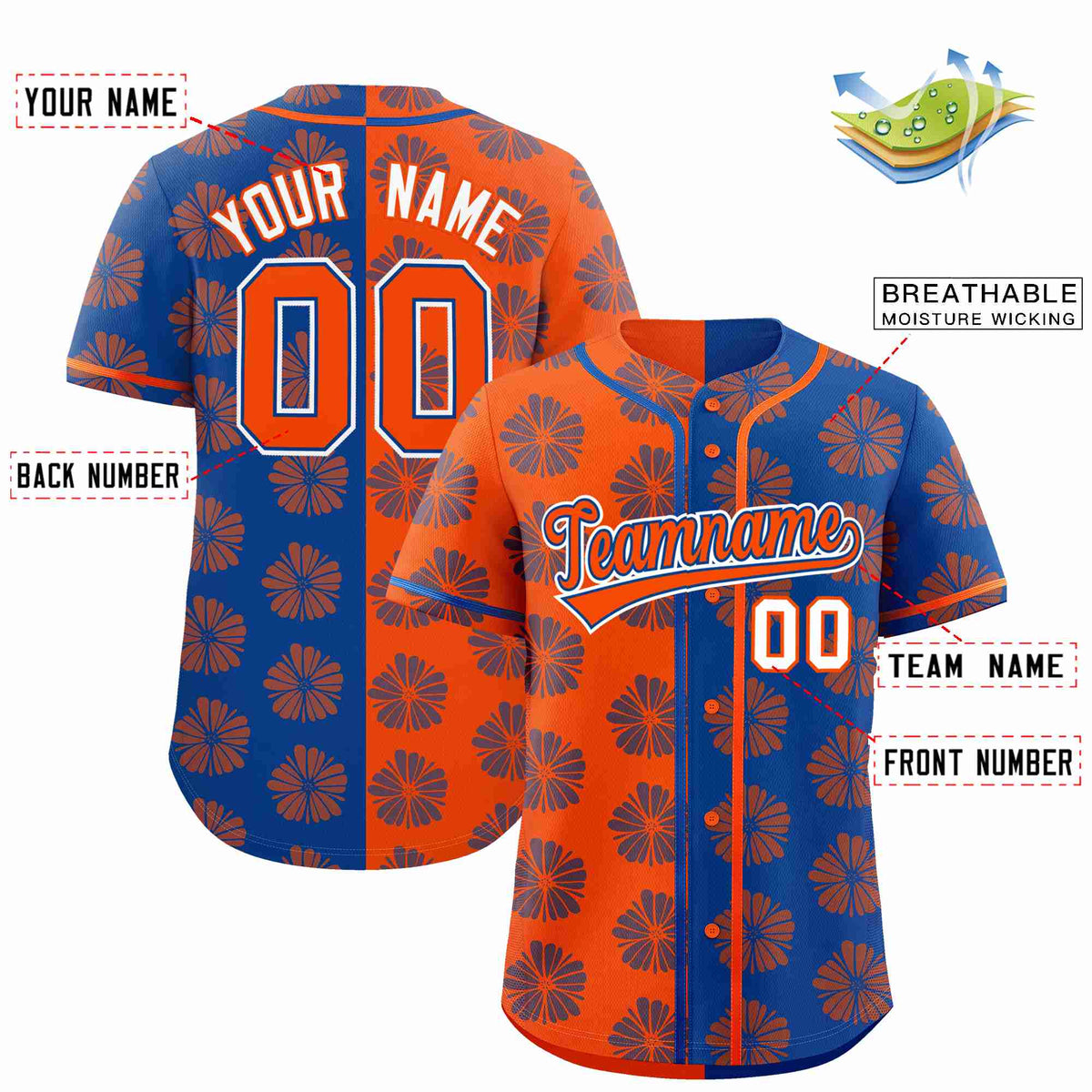 Custom Orange Royal Split Fashion Flower Graffiti Pattern Authentic Baseball Jersey Limited